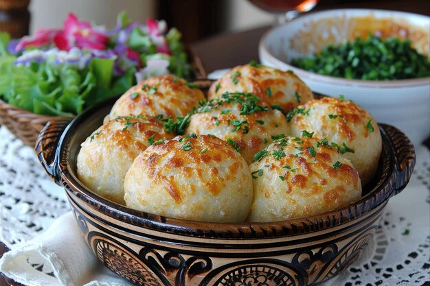 Pao de Queijo brazilian cheese bread in the kitchen table professional advertising food photography