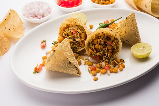 Papad coneÃÂ chaat or chat is an easy but healthy and crunchyÃÂ tea timeÃÂ snack from India