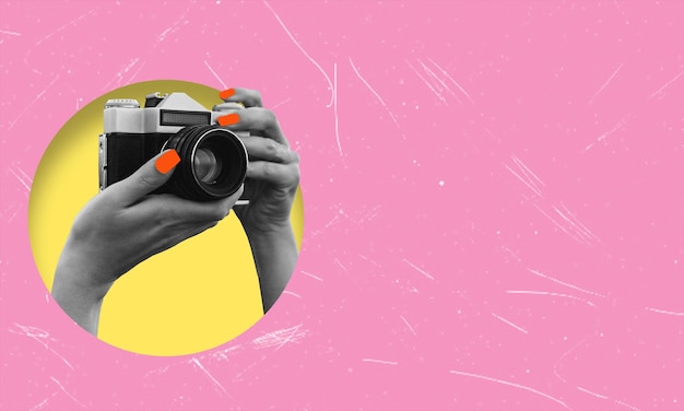 Paparazzi Contemporary art collage Colorful image of a retro camera in a human hand sticking out