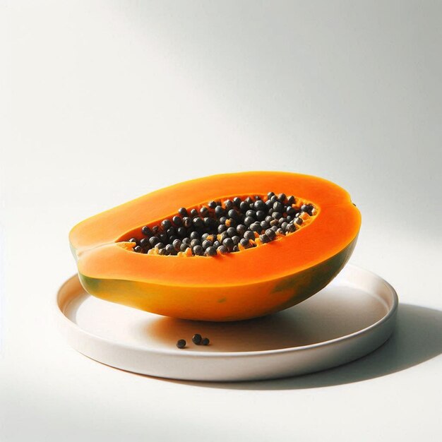 Photo a papaya cut in half on a plate with black seeds