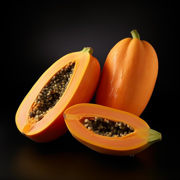 a papaya cut in half and the seeds are green