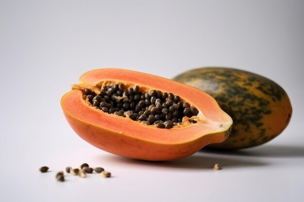 A papaya cut in half and seeds on a white background.