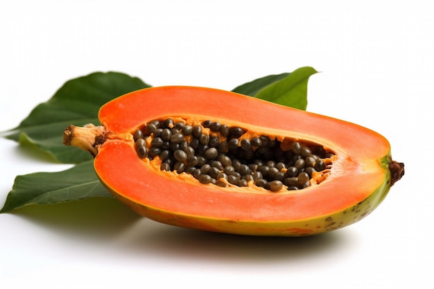 A papaya cut in half with the seeds inside