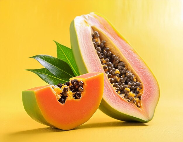 Photo a papaya cut in half with seeds and seeds on the side