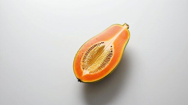 Photo papaya fruit cut in half on a plain white background from above