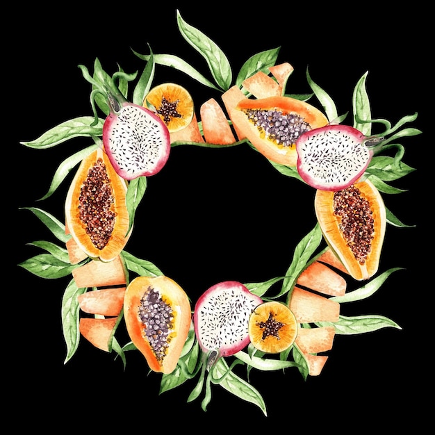 Papaya fruit dragon fruit and leaves wreath on white background watercolor illustration