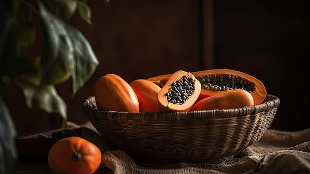 Papaya Fruits in a bamboo basket with blur background