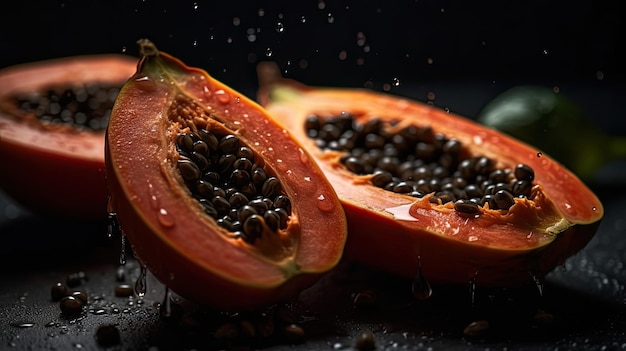 Papaya hit by splashes of water with black blur background