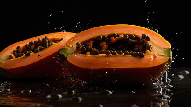 Papaya hit by splashes of water with black blur background