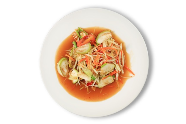 Papaya Salad Som Tam the traditional Thai foods isolated on white background Most wanted popular food in Thailand