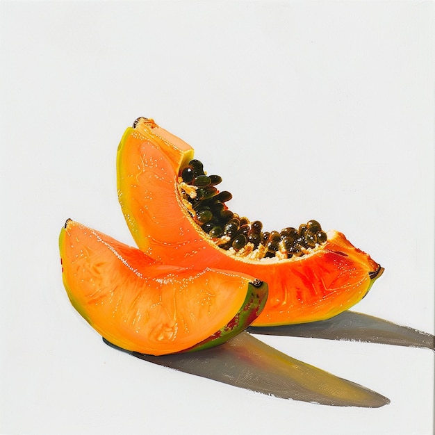 Papaya slices tropical fresh fruit against a bright white background