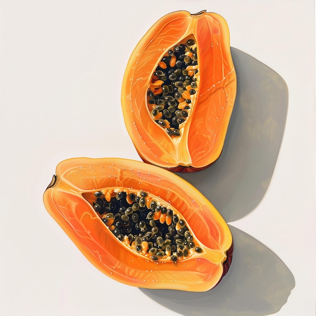 Papaya slices tropical fresh fruit against a bright white background