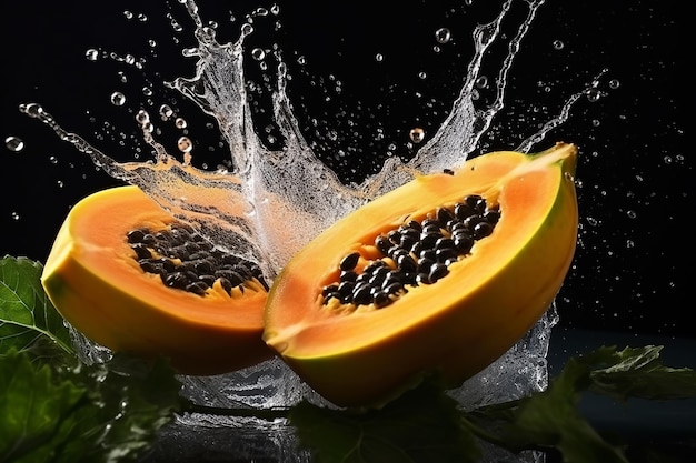 papaya slices with knife and water drops and splashes on black background