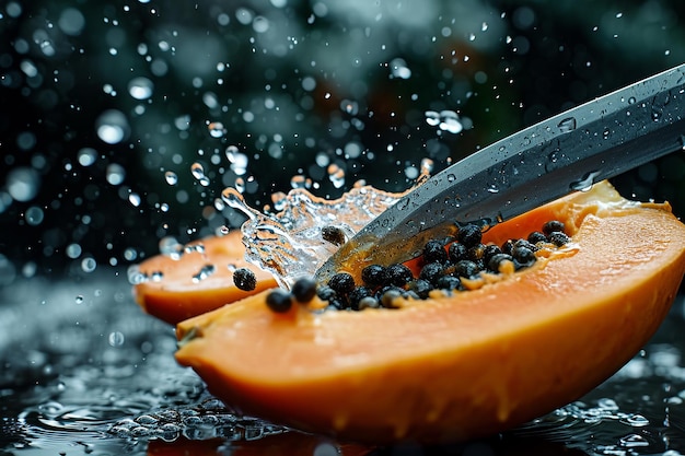 papaya slices with knife and water drops and splashes on natural background