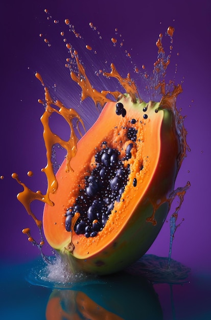 A papaya splashes into a water droplet.