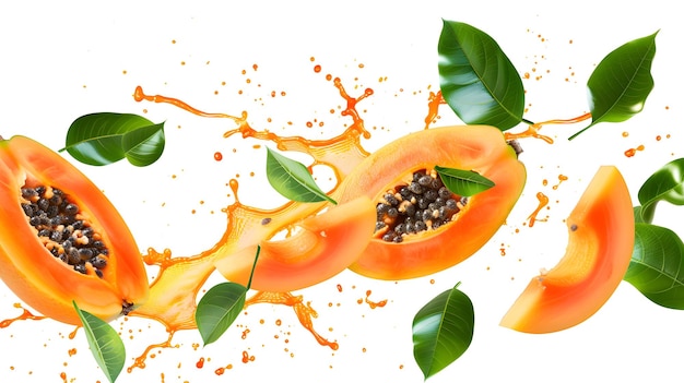 Papaya in a tropical splash isolated on white background illustration