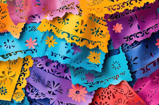 Photo papel picado decorations with skull motifs in vibrant colors symbolizing mexican folk art and day of the dead ai