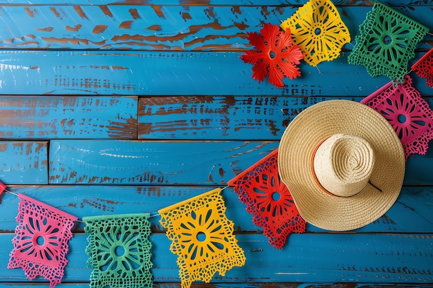 Papel picado flags and sombrero for national hispanic heritage month festival