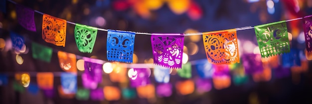 Papel picado hanging on rope scene at night party Made with Generative AI