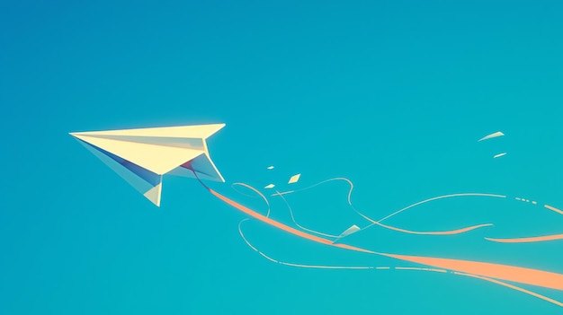 Paper airplane soaring through a vibrant blue sky leaving a colorful trail