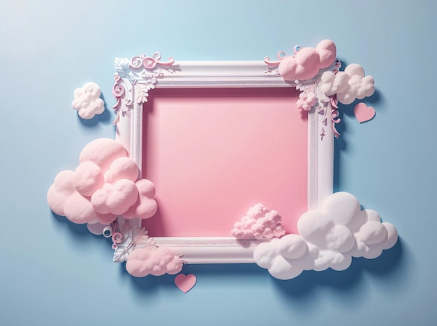 Paper applique around a white empty frame made in the shape of clouds in blue and pink tones Generative AI