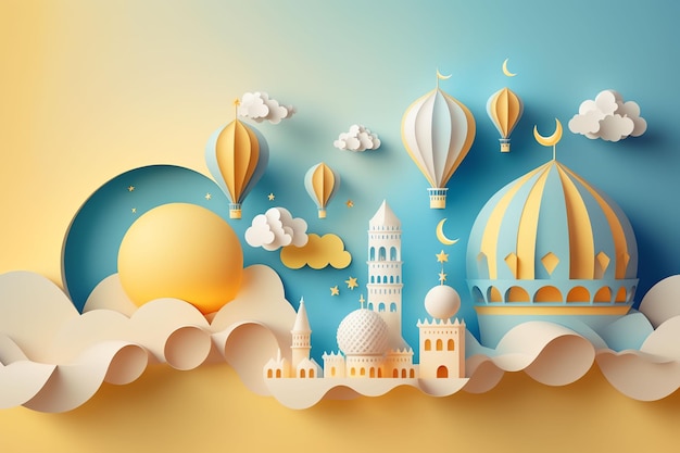 Paper art of a balloon and a mosque