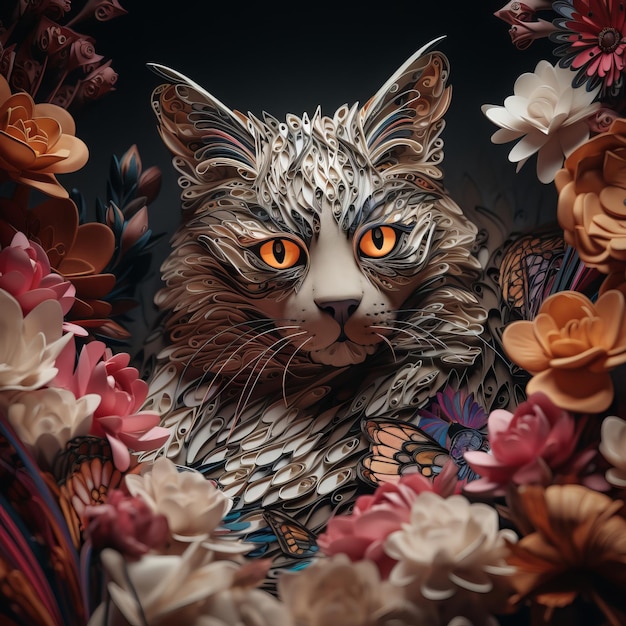 Paper art of a cat with flowers