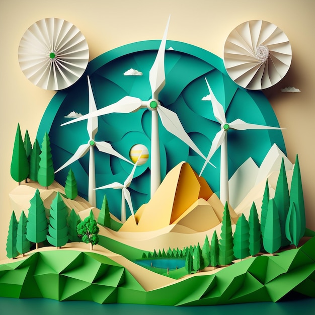 Paper art depicting renewable energy with green wind turbines and carbonneutral energy goal by 2050 GenerativeAi