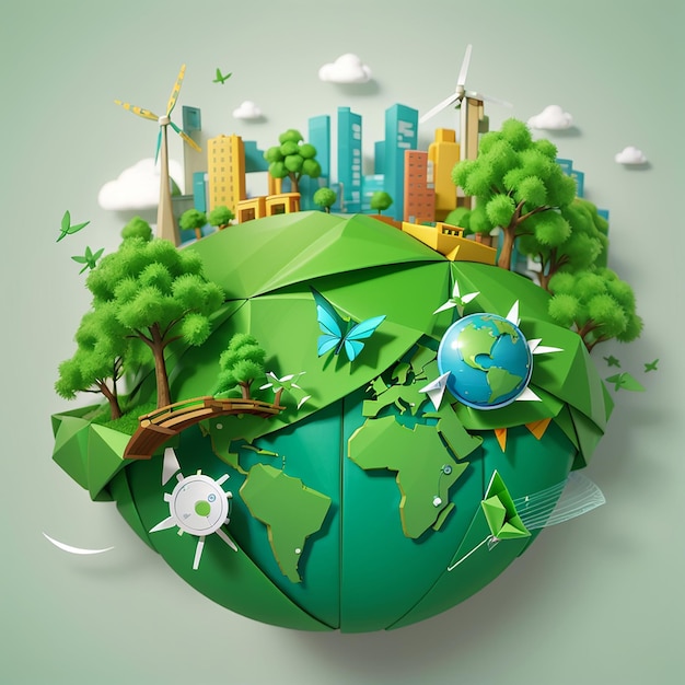 Paper art and digital craft style of world wildlife green eco city wind turbine and solar cell world environment and earth day concept