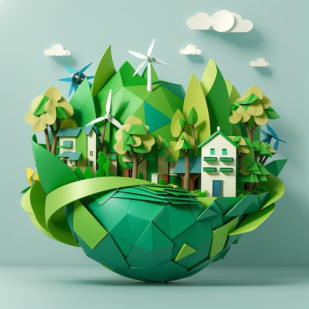 Paper art and digital craft style of world wildlife green eco city wind turbine and solar cell world environment and earth day concept