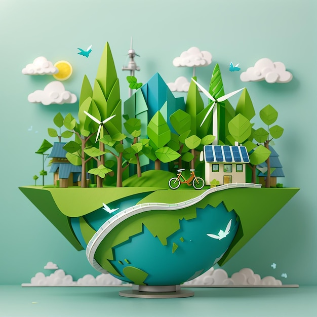 Paper art and digital craft style of world wildlife green eco city wind turbine and solar cell world environment and earth day concept