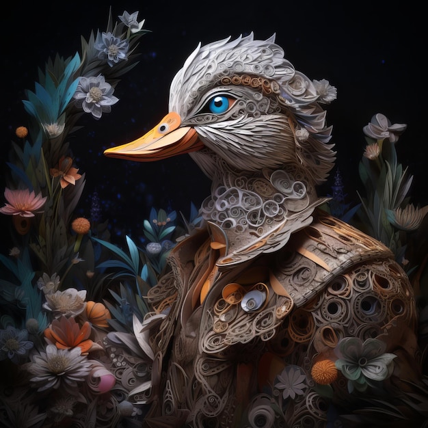 Paper art of a duck with flowers