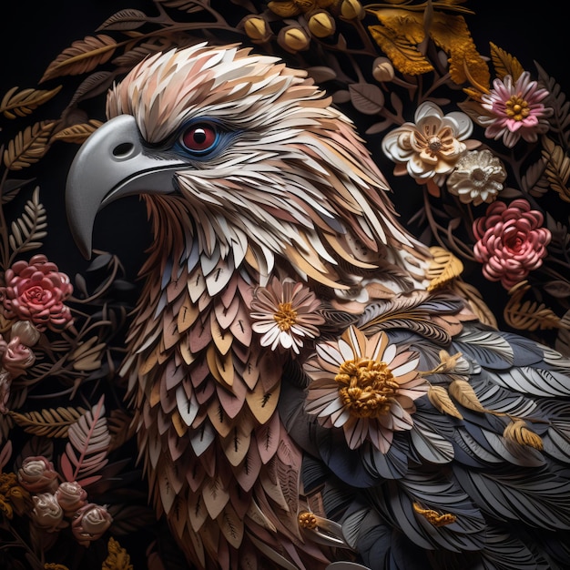 Paper art of an eagle with flowers