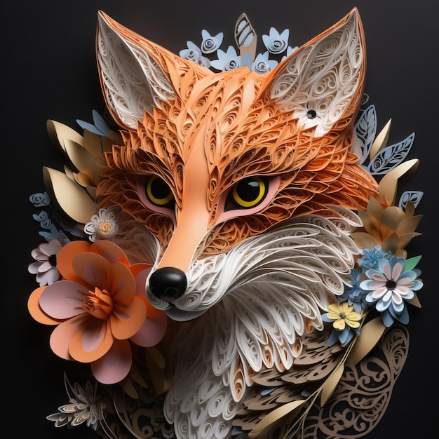 Paper art of a fox with flowers