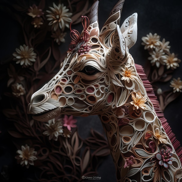 Paper art of a giraffe with flowers