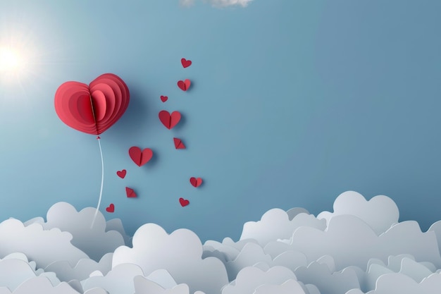 Photo paper art of heart balloon flying and spreading little heart in the sky origami and valentines day