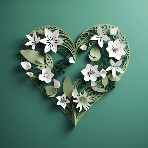 Paper art of heart shape with flowers and leaves illustration