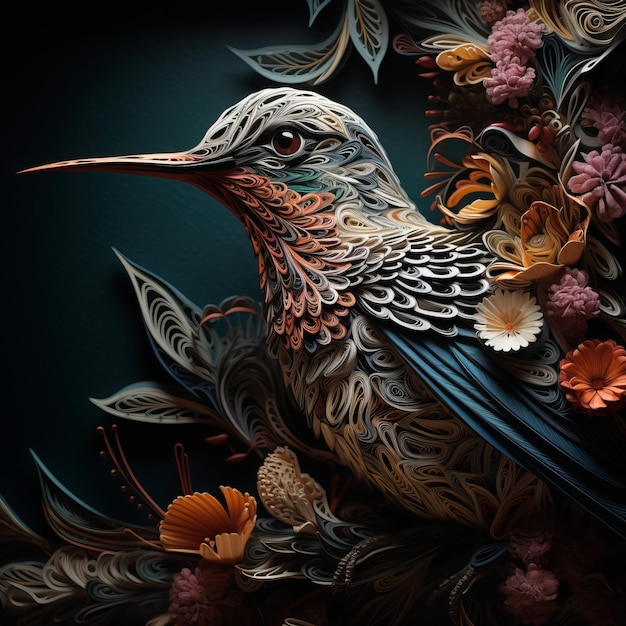 Paper art of a hummingbird with flowers