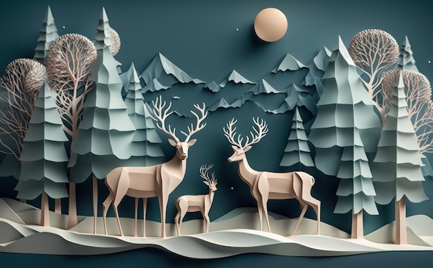 Paper art ilustration of christmas background with reindeers and christmas pine trees