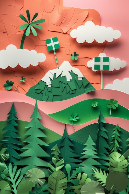 Paper Art Landscape Vibrant Green Hills Snow Capped Mountain and Whimsical Trees in Layered Paper