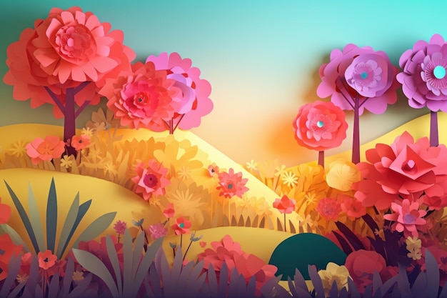 Paper art of a landscape with flowers and a ball