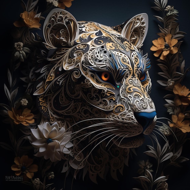 Paper art of a leopard with flowers