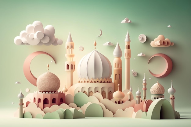 Paper art of a mosque and moon