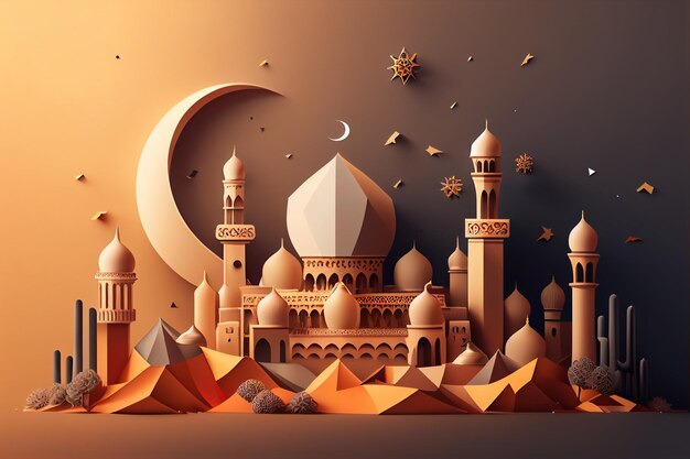 Paper art of a mosque with a crescent moon and stars ramadan decoration generative ai