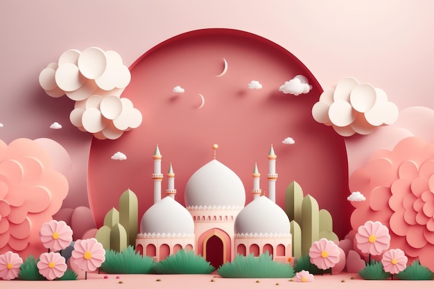 Paper art of a mosque with a landscape and the moon Generative AI