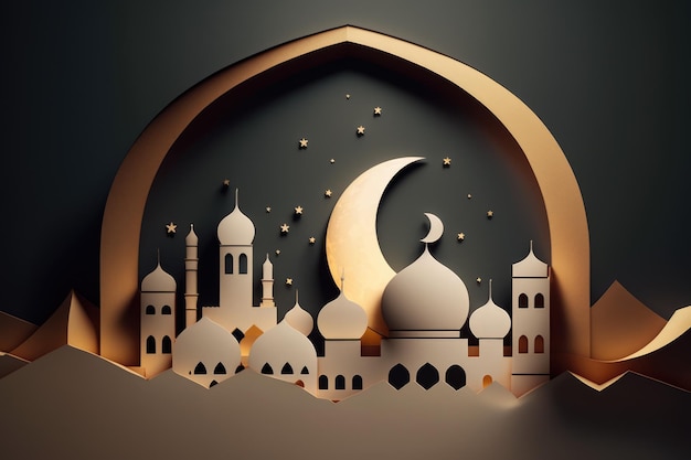 Paper art of a mosque with a moon and stars