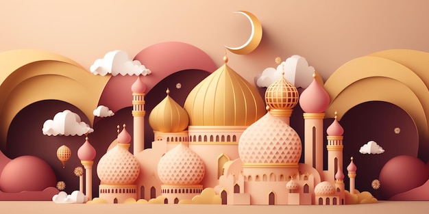 Paper art of a mosque with a moon and stars