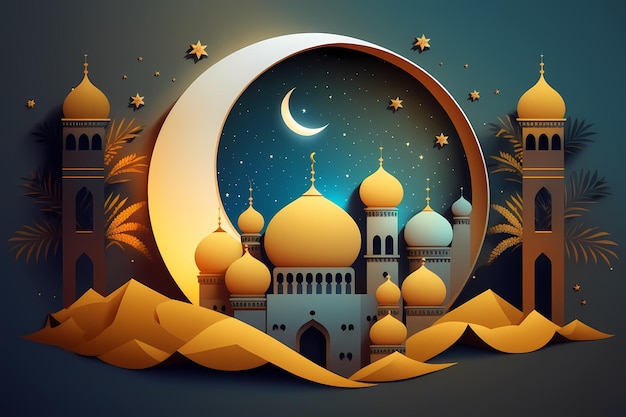 Paper art of a mosque with moon and stars