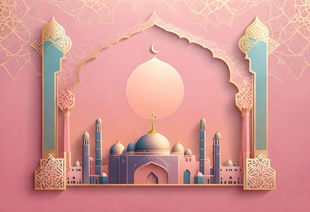 a paper art of a mosque with a pink background and a blue mosque in the middle