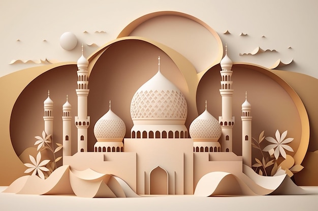 Paper art of a mosque with a sky background